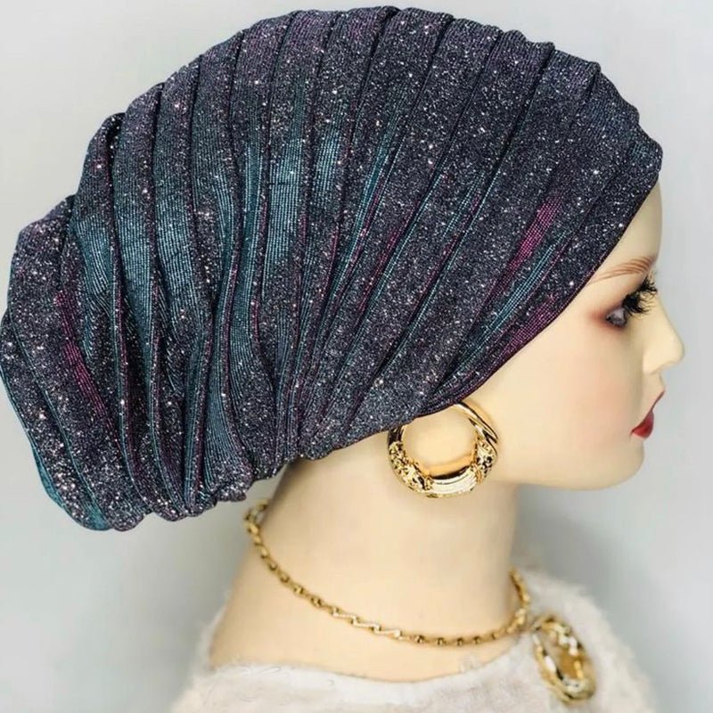 Glitter Pleated Turban Cap – Elegant Headwear - HalleBeauty